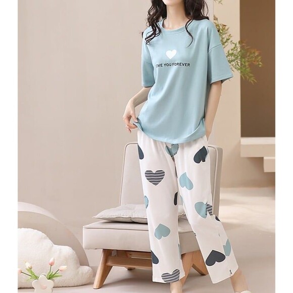 Cotton Women’s Pajama Set 2 Pcs Short Sleeve Pullover Top Sleepwear Long PJ Pant - Picture 4 of 10